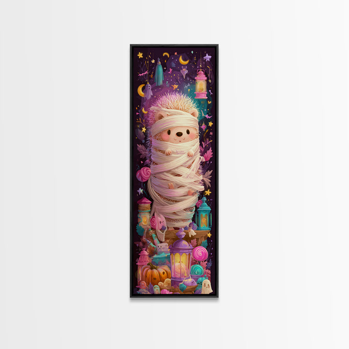 The Hedgehog Mummy, Vaporwave Halloween Art, Tall Narrow Wall Art, Framed Canvas Print, Cute Halloween Wall Art