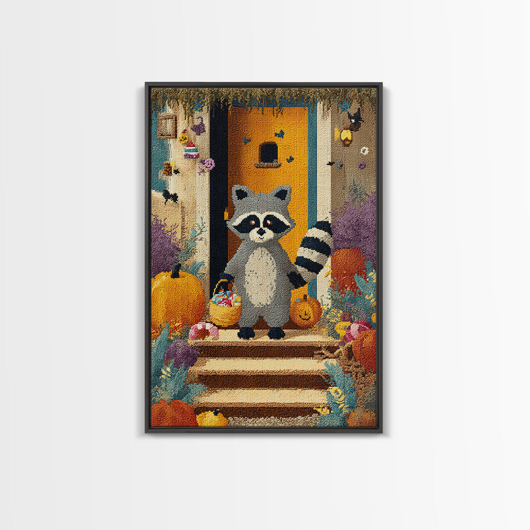The Raccoon Trick-Or-Treater, Pixel Halloween Art, Vertical Wall Art, Canvas Print, Cute Halloween Wall Art