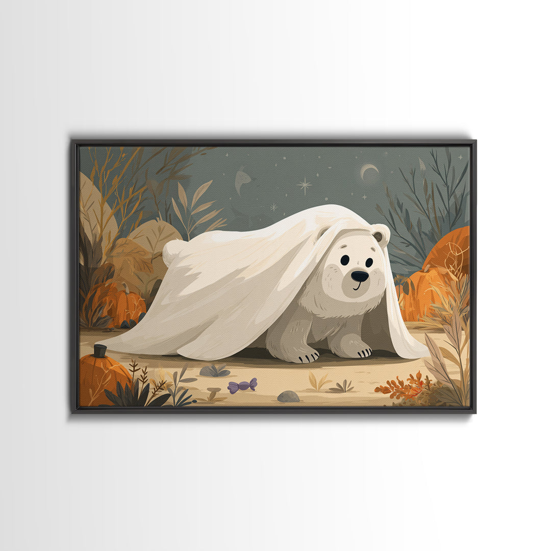The Bear Cub Ghost, Vector Halloween Art, Landscape Wall Art, Framed Canvas Print, Cute Halloween Wall Art