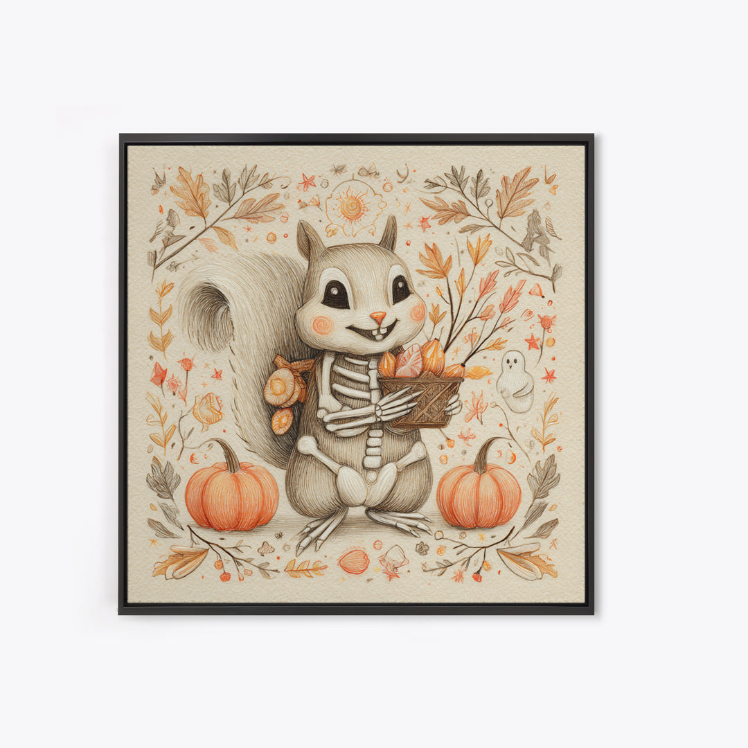 The Squirrel Skeleton, Hand Sketch Halloween Art, Square Wall Art, Canvas Print, Cute Halloween Wall Art