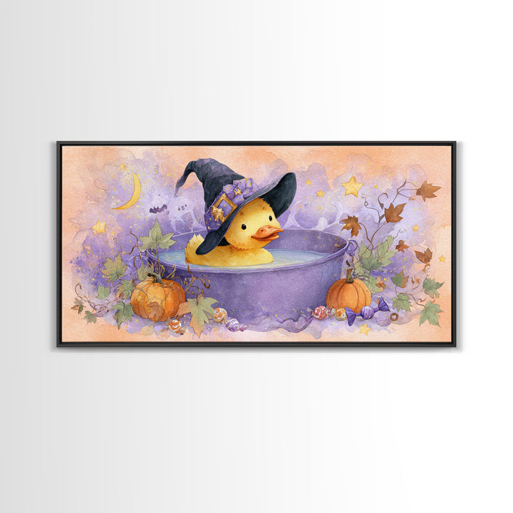 The Duckling Witch, Watercolor Halloween Art, Wide Panoramic Art, Framed Canvas Print, Cute Halloween Wall Art