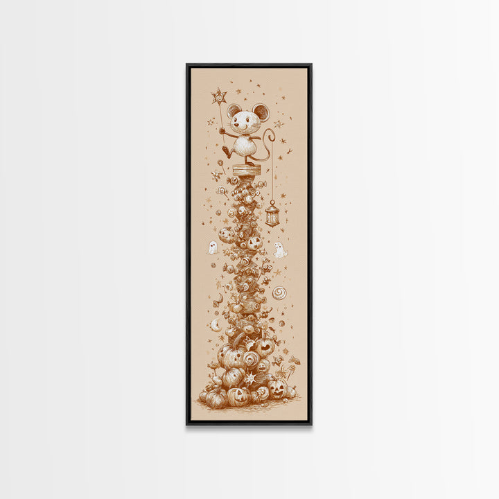 The Magician Mouse, Crayon Halloween Art, Tall Narrow Wall Art, Framed Canvas Print, Cute Halloween Wall Art