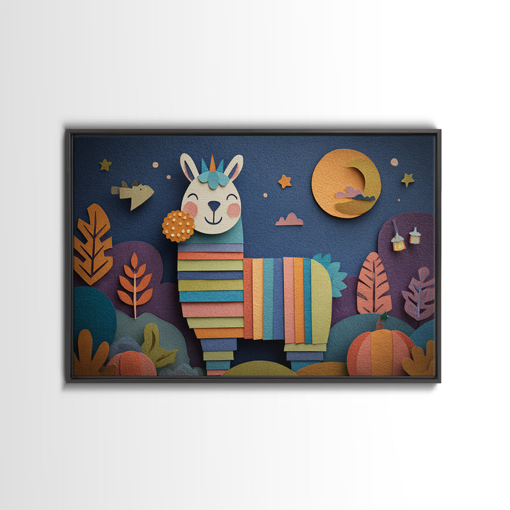The Llama Mummy, Paper Collage Halloween, Landscape Wall Art, Framed Canvas Print, Cute Halloween Wall Art