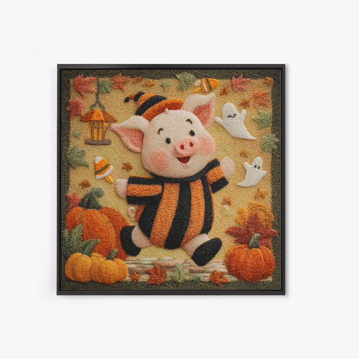 The Candy Corn Piglet, Felt Halloween Art, Square Wall Art, Canvas Print, Cute Halloween Wall Art, Halloween Kids Decor