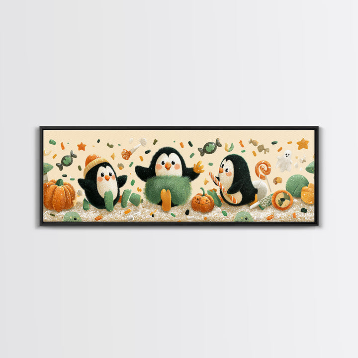 The Penguin Monster, Plush Halloween Art, Extra Wide Wall Art, Canvas Print, Cute Halloween Wall Art