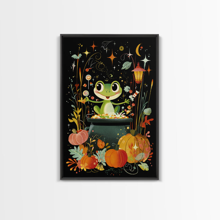 The Cauldron Frog, Retro Halloween Art, Vertical Wall Art, Canvas Print, Cute Halloween Wall Art, Whimsical Nursery Decor