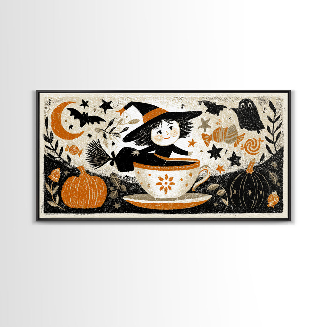The Teacup Witch, Linocut Halloween Art, Wide Panoramic Art, Framed Canvas Print, Cute Halloween Wall Art