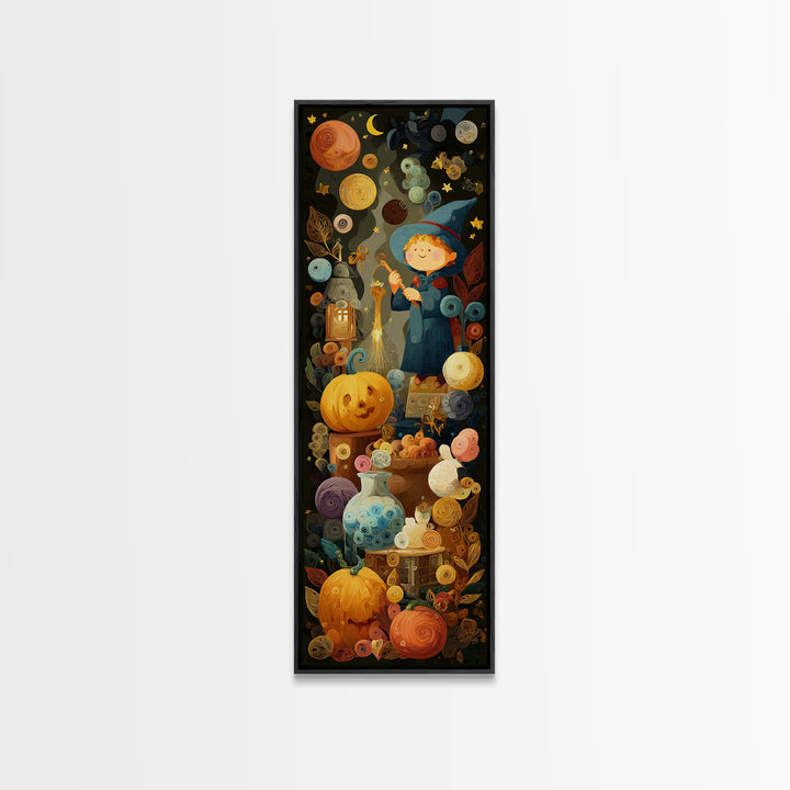 The Bubble Potion Apprentice, Quilled Halloween Art, Tall Narrow Wall Art, Framed Canvas Print, Cute Halloween Wall Art