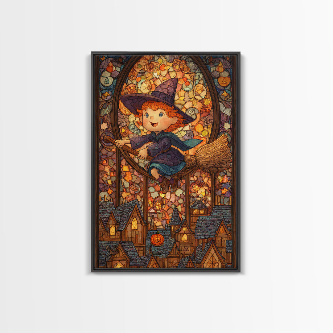 The Witch With A Balloon Broom, Stained Glass Halloween, Vertical Wall Art, Canvas Print, Cute Halloween Wall Art