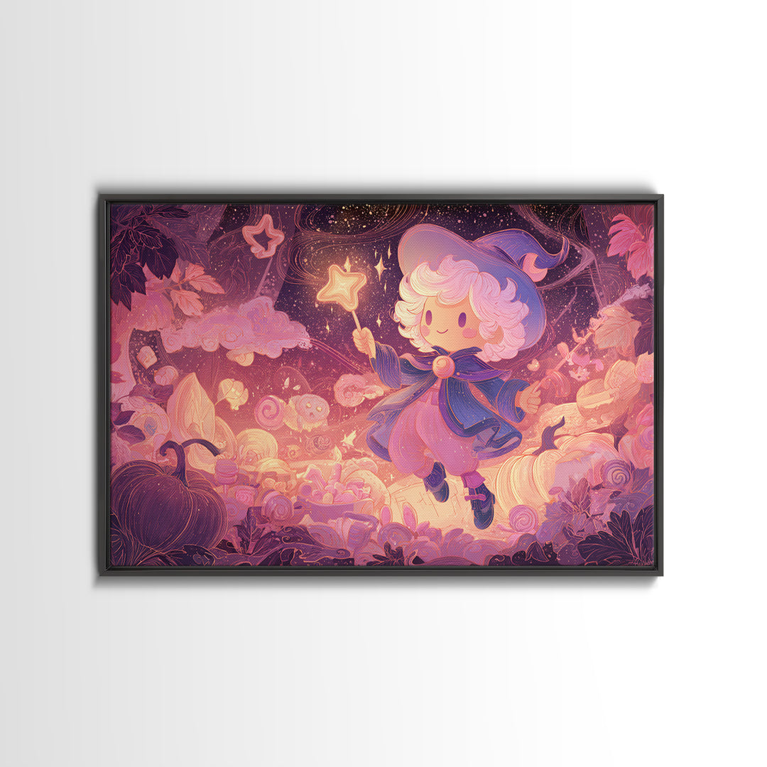 The Cookie Spellcaster, Vaporwave Halloween Art, Landscape Wall Art, Framed Canvas Print, Cute Halloween Wall Art