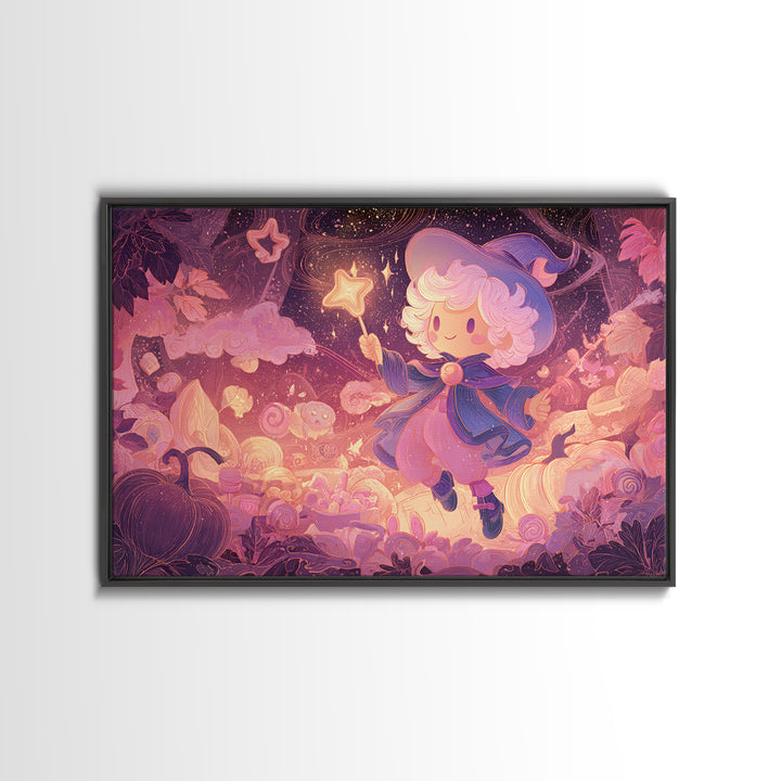 The Cookie Spellcaster, Vaporwave Halloween Art, Landscape Wall Art, Framed Canvas Print, Cute Halloween Wall Art