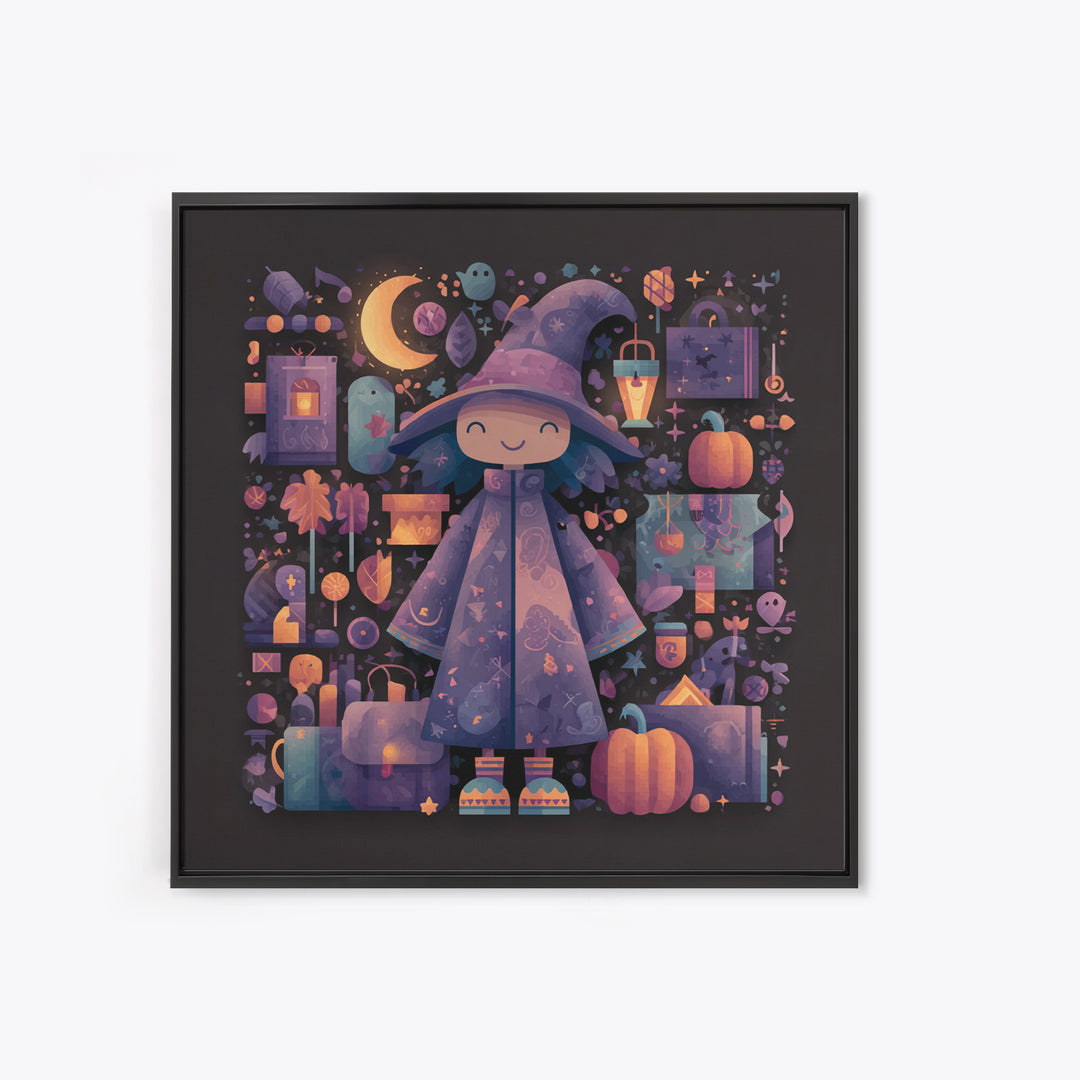 The Moonlight Pajama Witch, Pixel Halloween Art, Square Wall Art, Canvas Print, Cute Halloween Wall Art