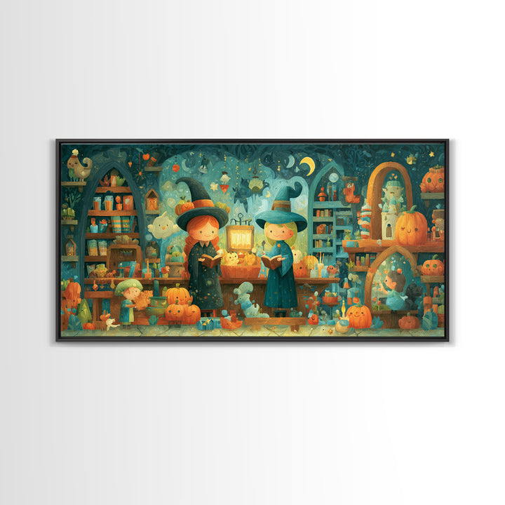 The Tiny Hat Shop Witch, Vector Halloween Art, Wide Panoramic Art, Framed Canvas Print, Cute Halloween Wall Art