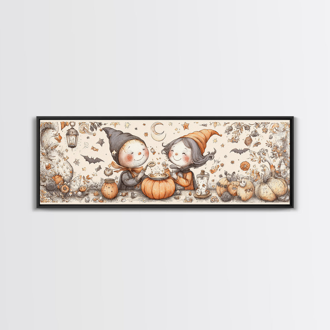 The Pumpkin Potion Twins, Hand Sketch Halloween Art, Extra Wide Wall Art, Canvas Print, Cute Halloween Wall Art