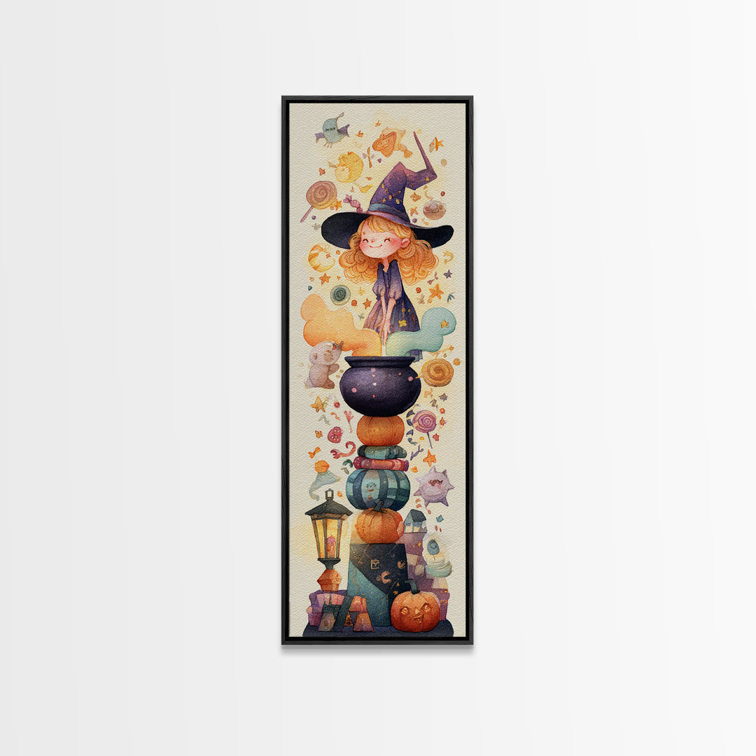 The Rainbow-Cauldron Witch, Watercolor Halloween Art, Tall Narrow Wall Art, Framed Canvas Print, Cute Halloween Wall Art
