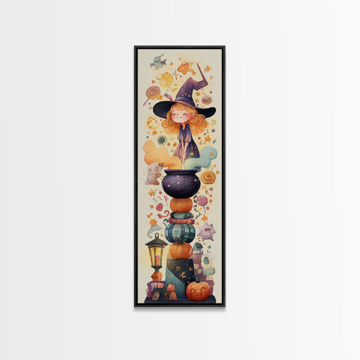 The Rainbow-Cauldron Witch, Watercolor Halloween Art, Tall Narrow Wall Art, Framed Canvas Print, Cute Halloween Wall Art