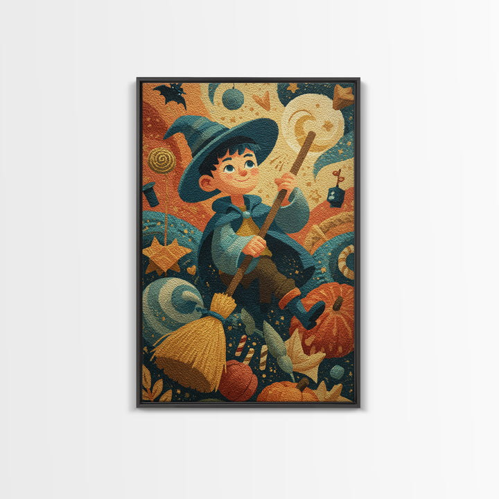 The Stardust Apprentice, Gouache Halloween Art, Vertical Wall Art, Canvas Print, Cute Halloween Wall Art