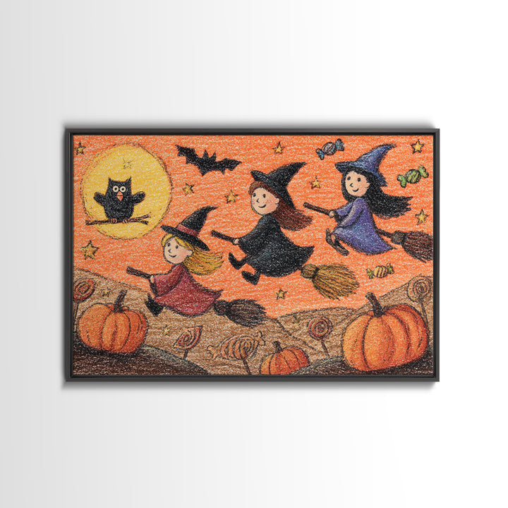 The Broomstick Riding Lesson, Crayon Halloween Art, Landscape Wall Art, Framed Canvas Print, Cute Halloween Wall Art