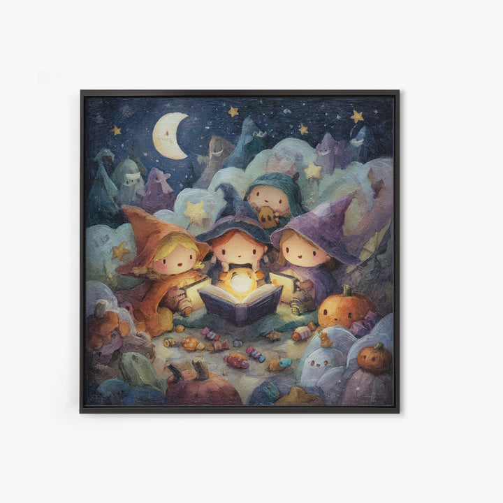 The Spellbook Sleepover, Pastel Halloween Art, Square Wall Art, Canvas Print, Cute Halloween Wall Art