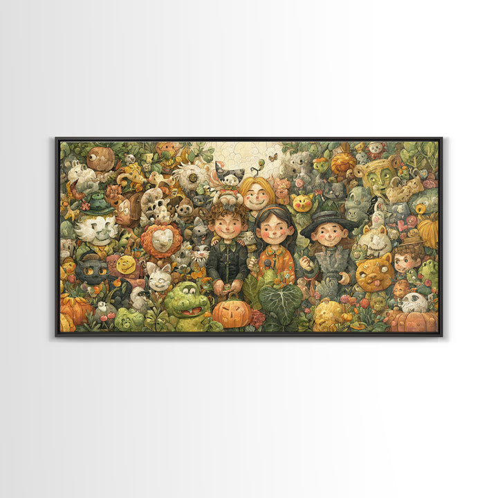 The Friendly Familiar Club, Paper Collage Halloween, Wide Panoramic Art, Framed Canvas Print, Cute Halloween Wall Art