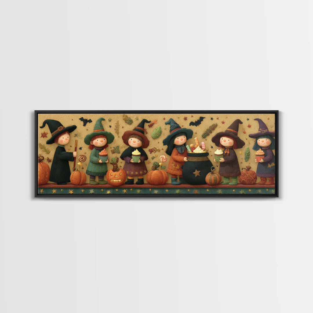 The Cupcake Cauldron Class, Felt Halloween Art, Extra Wide Wall Art, Canvas Print, Cute Halloween Wall Art