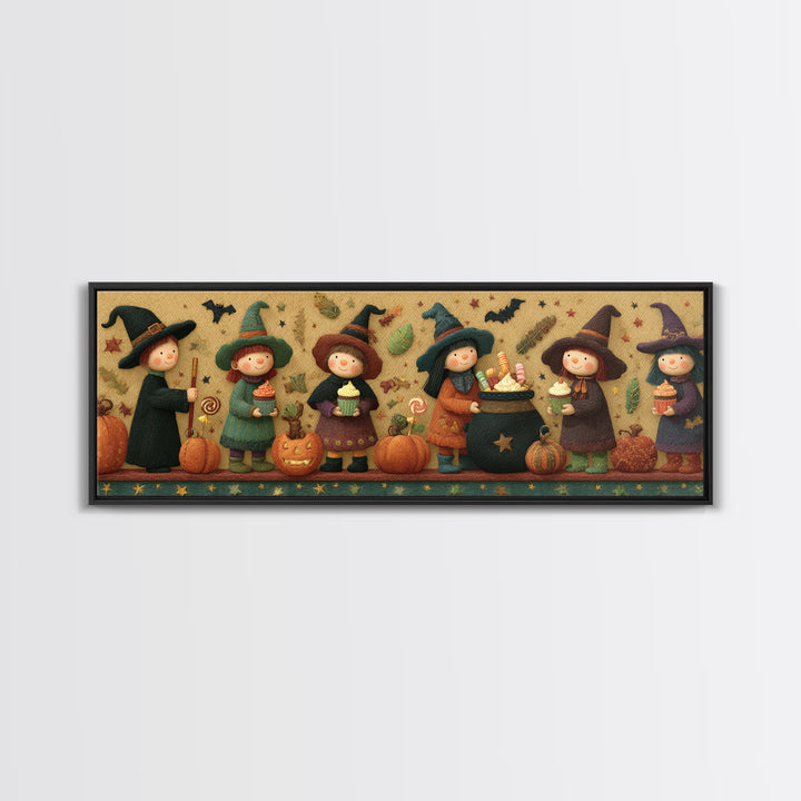 The Cupcake Cauldron Class, Felt Halloween Art, Extra Wide Wall Art, Canvas Print, Cute Halloween Wall Art