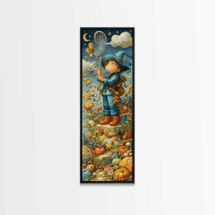 The Cloud-Catching Wizard, Clay Halloween Art, Tall Narrow Wall Art, Framed Canvas Print, Cute Halloween Wall Art