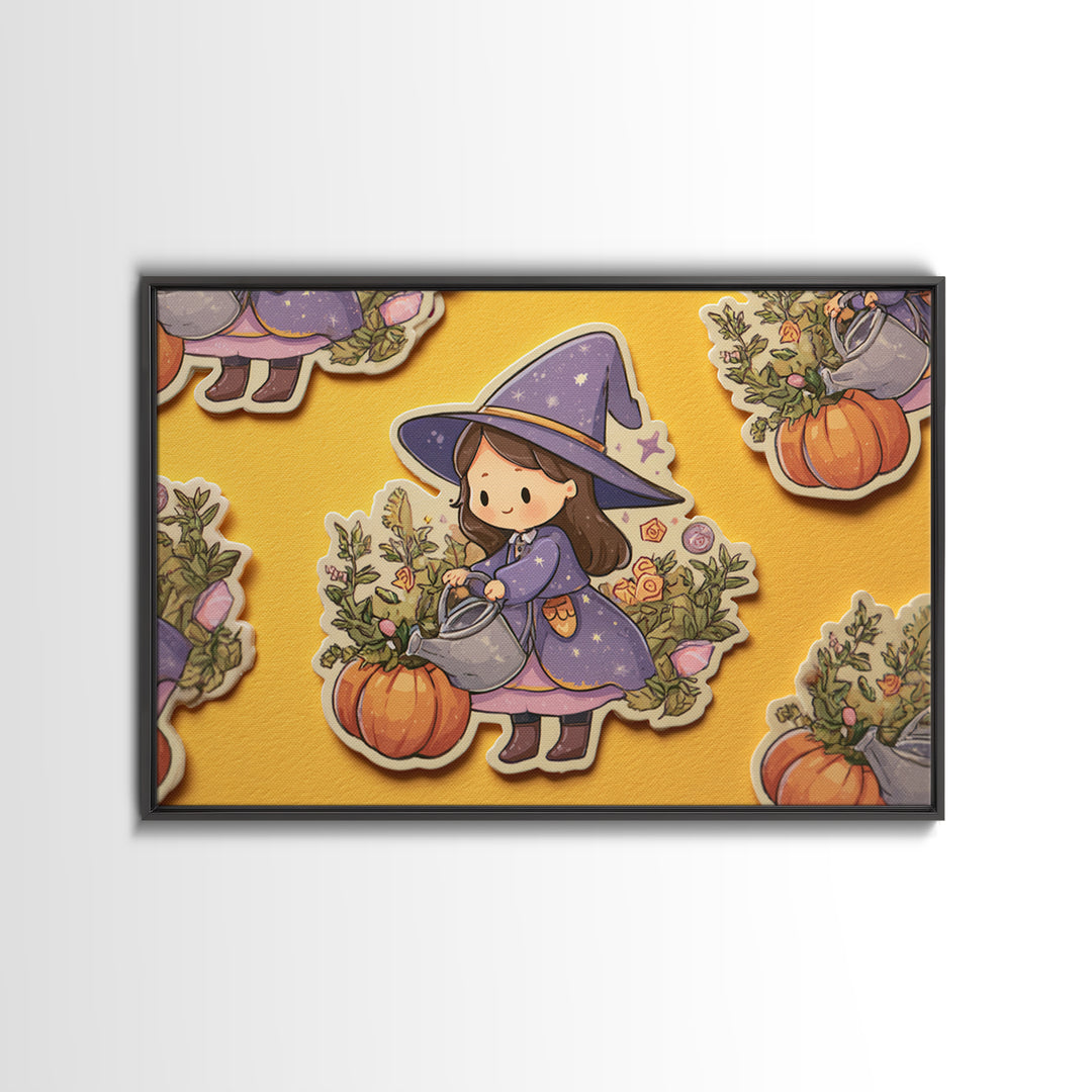 The Moon Garden Witch, Kawaii Halloween Art, Landscape Wall Art, Framed Canvas Print, Cute Halloween Wall Art