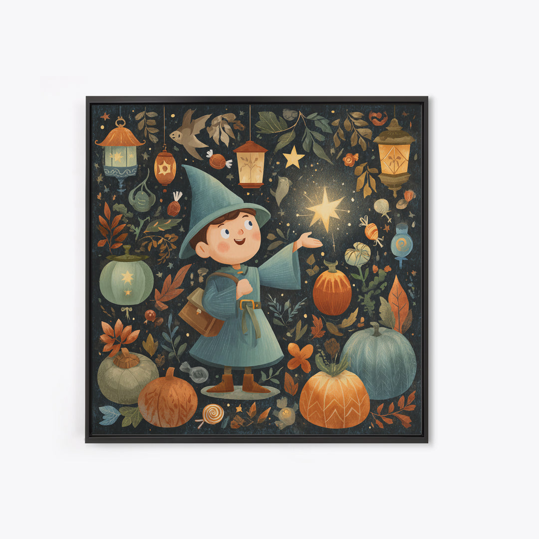 The Lantern-Light Wizard, Retro Halloween Art, Square Wall Art, Canvas Print, Cute Halloween Wall Art