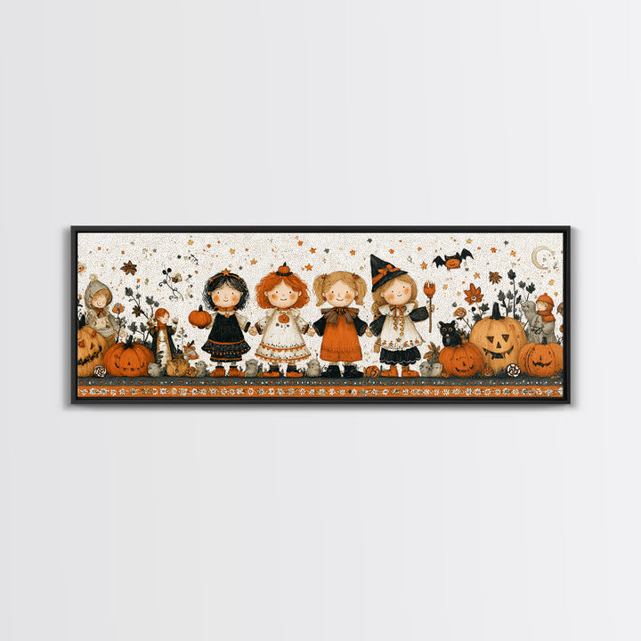 The Halloween Friendship Spell, Folk Halloween Art, Extra Wide Wall Art, Canvas Print, Cute Halloween Wall Art