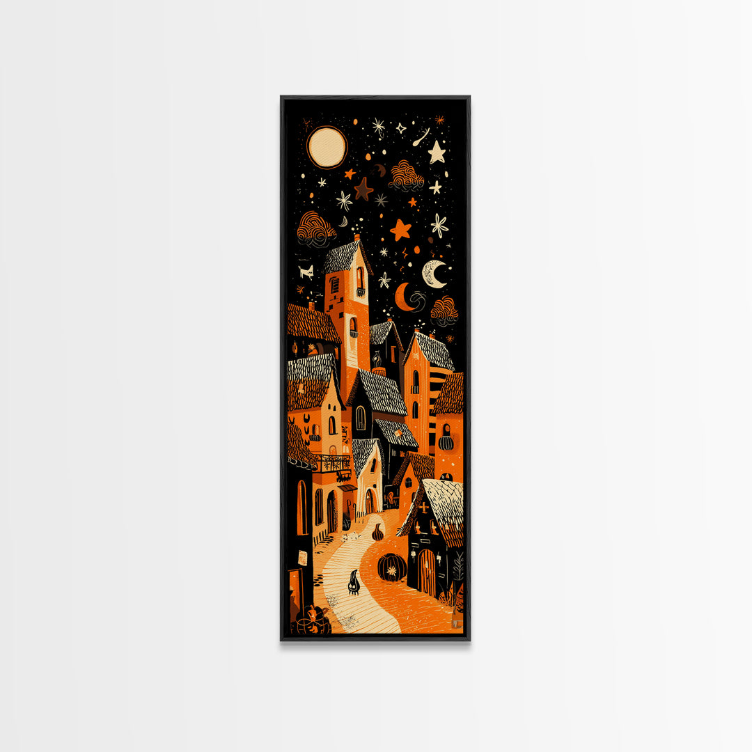 Candy Corn Village, Linocut Halloween Art, Tall Narrow Wall Art, Framed Canvas Print, Cute Halloween Wall Art