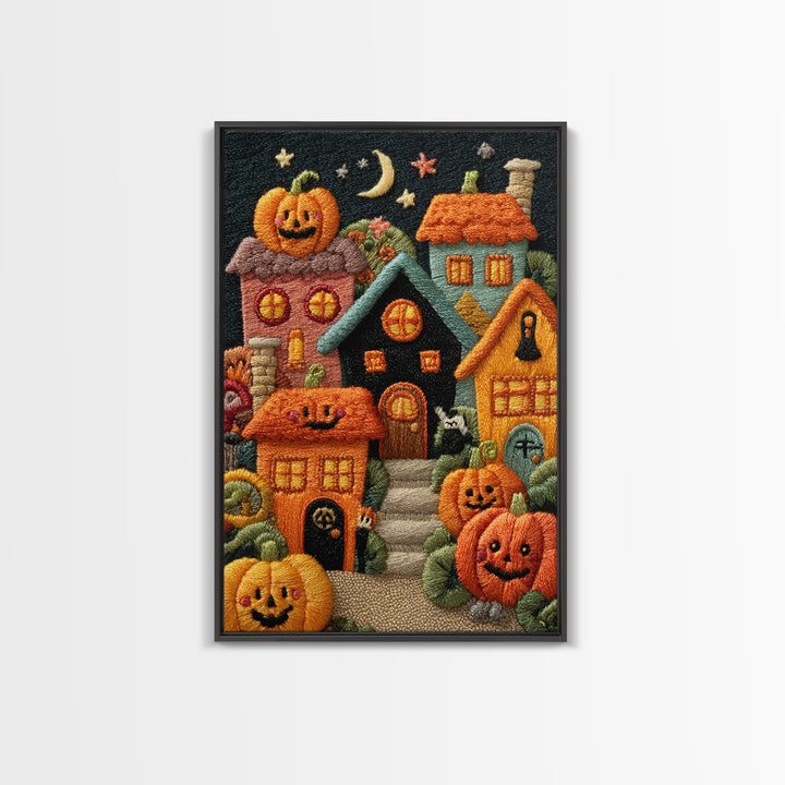 Pumpkin Cottage Lane, Embroidered Halloween Art, Vertical Wall Art, Canvas Print, Cute Halloween Wall Art