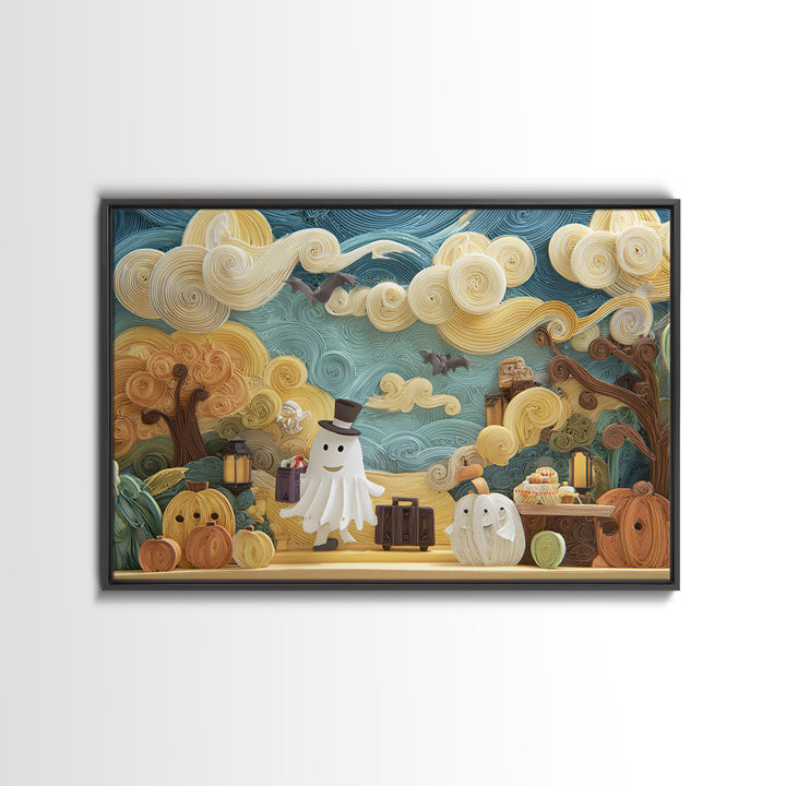 The Friendly Ghost Hotel, Quilled Halloween Art, Landscape Wall Art, Framed Canvas Print, Cute Halloween Wall Art