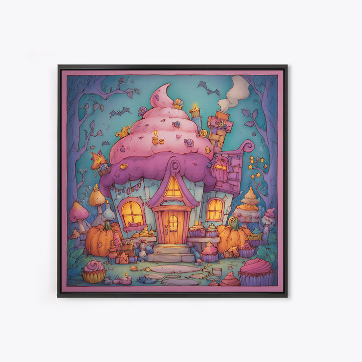 The Witch'S Cupcake Cottage, Stained Glass Halloween, Square Wall Art, Canvas Print, Cute Halloween Wall Art