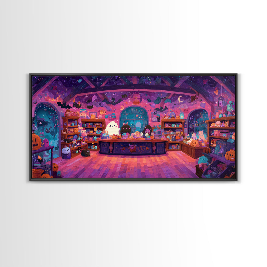 The Moonlight Toy Shop, Vaporwave Halloween Art, Wide Panoramic Art, Framed Canvas Print, Cute Halloween Wall Art