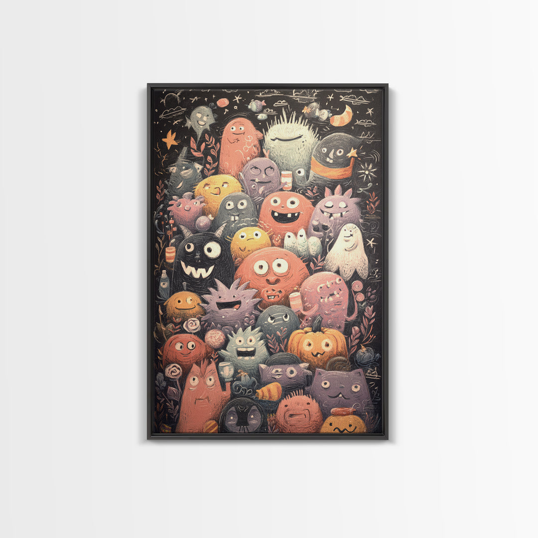 The Little Monster School, Hand Sketch Halloween Art, Vertical Wall Art, Canvas Print, Cute Halloween Wall Art