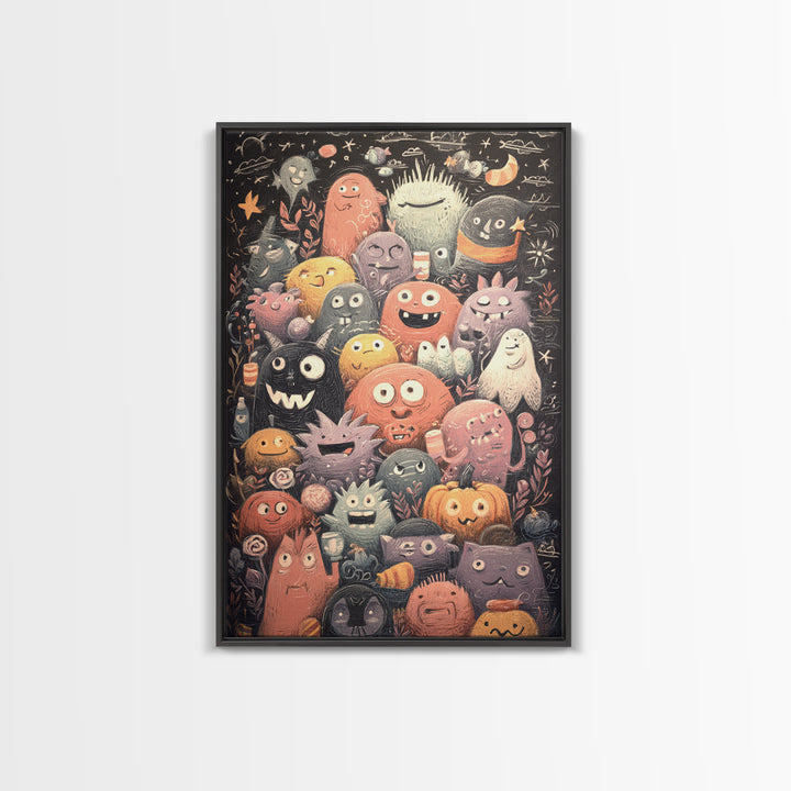 The Little Monster School, Hand Sketch Halloween Art, Vertical Wall Art, Canvas Print, Cute Halloween Wall Art