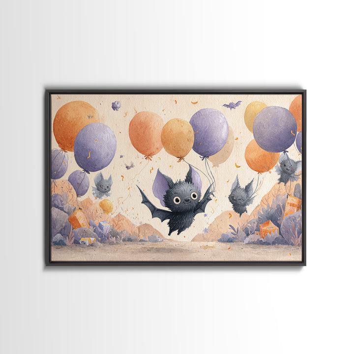 The Bat Balloon Factory, Watercolor Halloween Art, Landscape Wall Art, Framed Canvas Print, Cute Halloween Wall Art