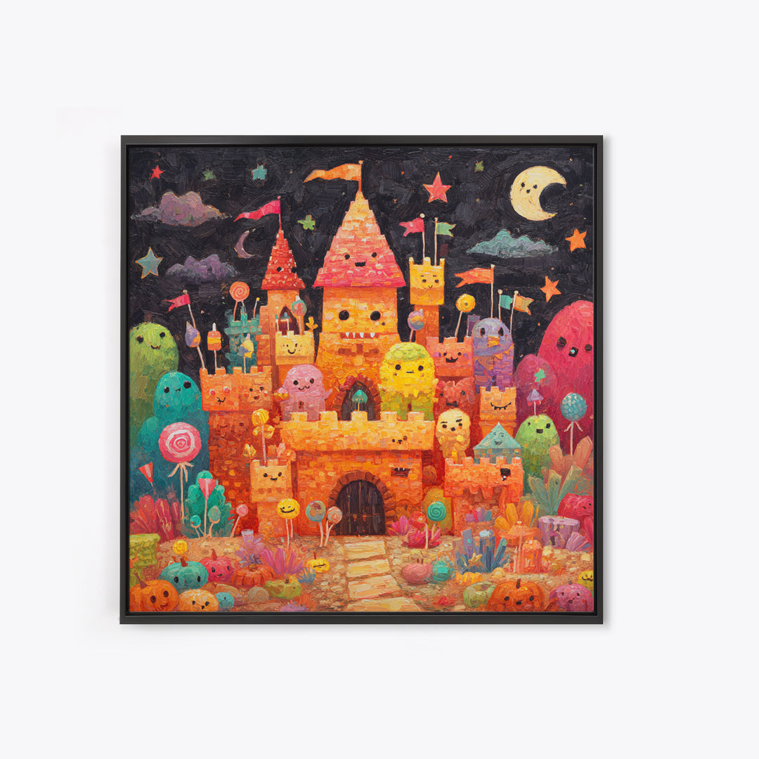 The Candy Castle, Gouache Halloween Art, Square Wall Art, Canvas Print, Cute Halloween Wall Art, Halloween Kids Decor