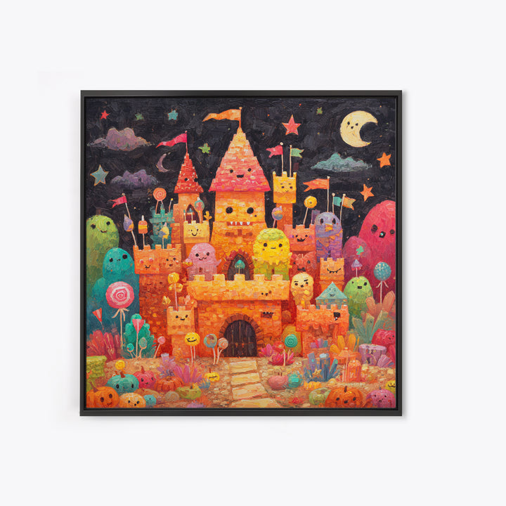 The Candy Castle, Gouache Halloween Art, Square Wall Art, Canvas Print, Cute Halloween Wall Art, Halloween Kids Decor