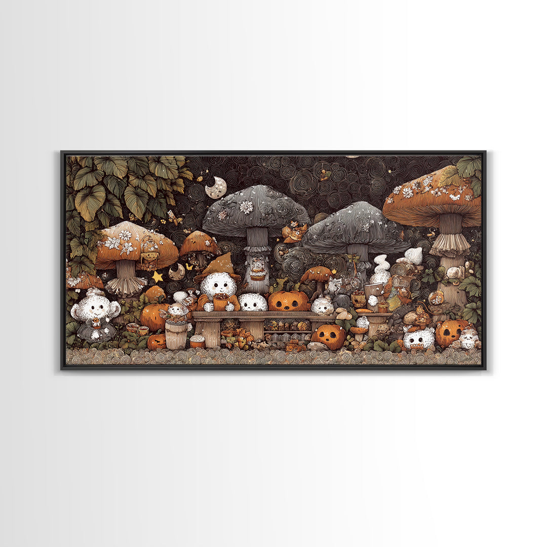 The Friendly Forest Cafe, Crayon Halloween Art, Wide Panoramic Art, Framed Canvas Print, Cute Halloween Wall Art