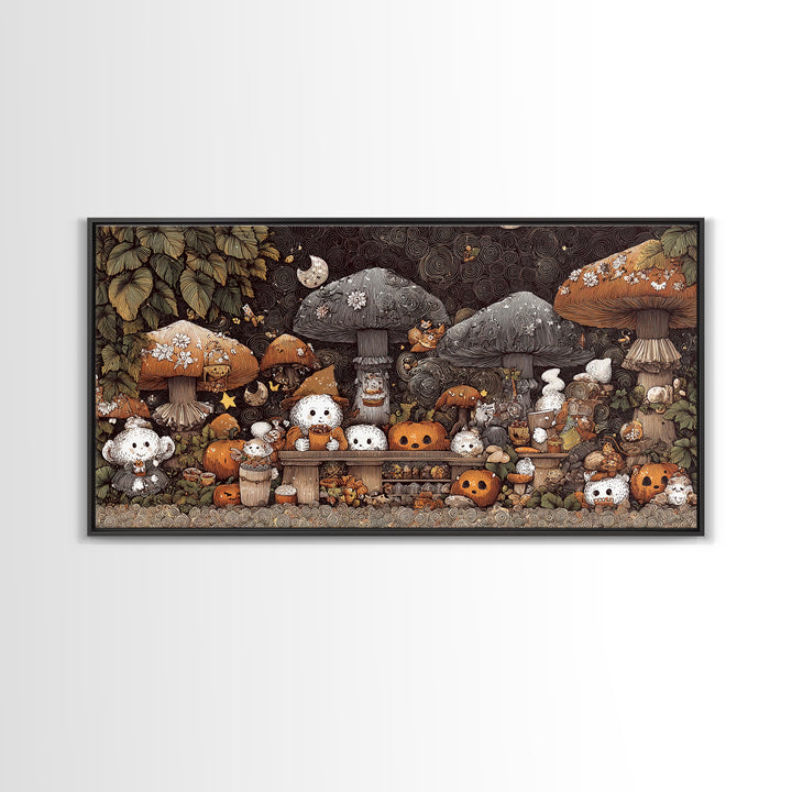 The Friendly Forest Cafe, Crayon Halloween Art, Wide Panoramic Art, Framed Canvas Print, Cute Halloween Wall Art