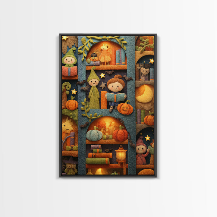 The Moonbeam Library, Felt Halloween Art, Vertical Wall Art, Canvas Print, Cute Halloween Wall Art, Whimsical Nursery Decor