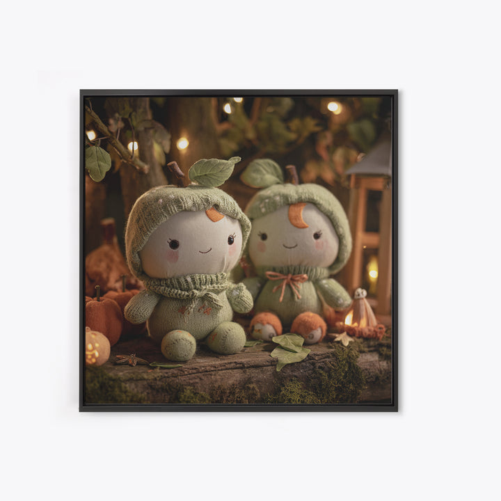 The Enchanted Apple Orchard, Plush Halloween Art, Square Wall Art, Canvas Print, Cute Halloween Wall Art