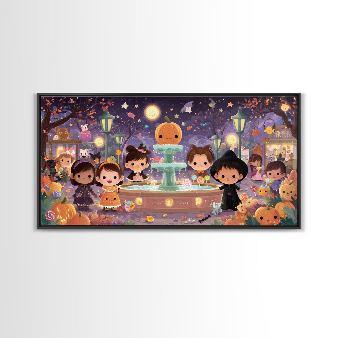 The Trick-Or-Treat Village Square, Kawaii Halloween Art, Wide Panoramic Art, Framed Canvas Print, Cute Halloween Wall Art
