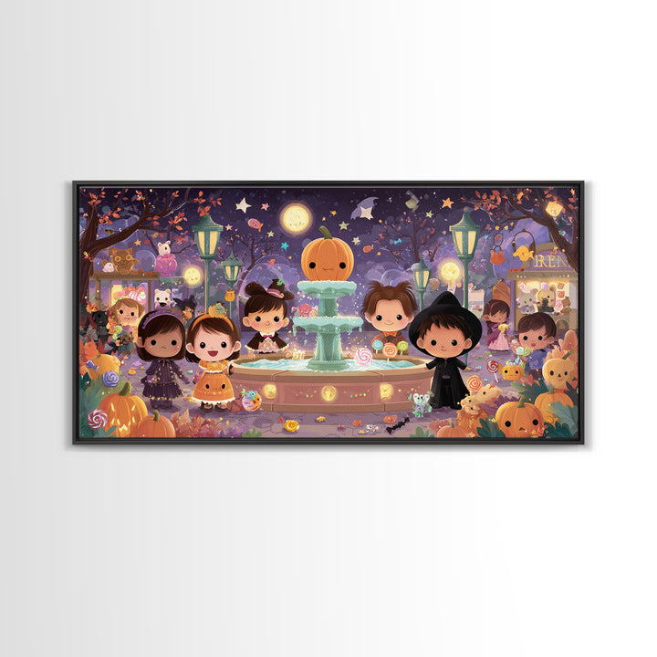 The Trick-Or-Treat Village Square, Kawaii Halloween Art, Wide Panoramic Art, Framed Canvas Print, Cute Halloween Wall Art