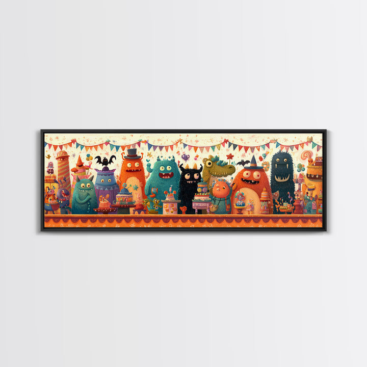 The Friendly Monster Market, Retro Halloween Art, Extra Wide Wall Art, Canvas Print, Cute Halloween Wall Art