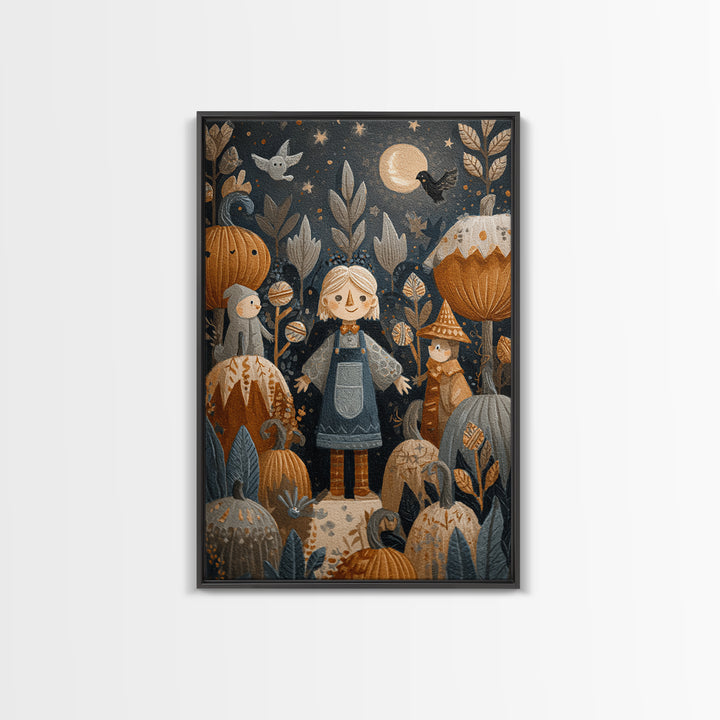The Starry Pumpkin Farm, Folk Halloween Art, Vertical Wall Art, Canvas Print, Cute Halloween Wall Art