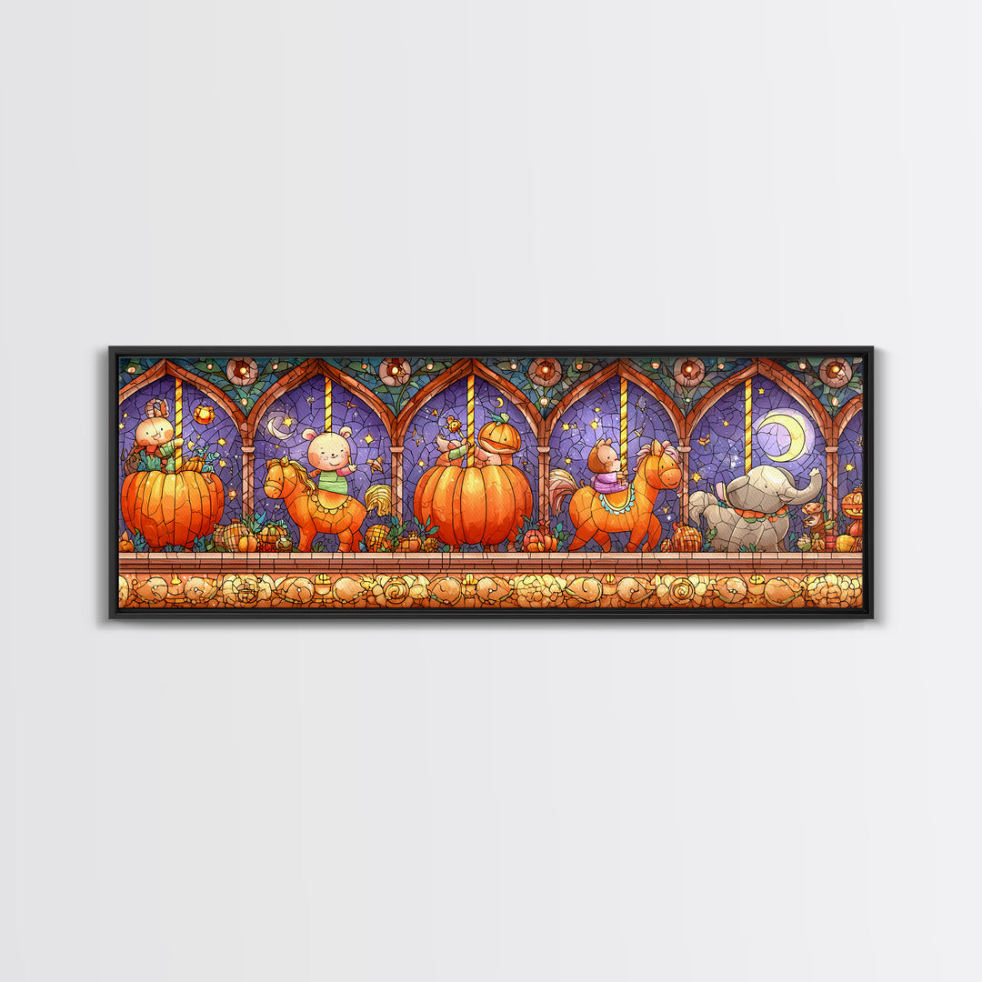 The Pumpkin Carousel, Stained Glass Halloween, Extra Wide Wall Art, Canvas Print, Cute Halloween Wall Art