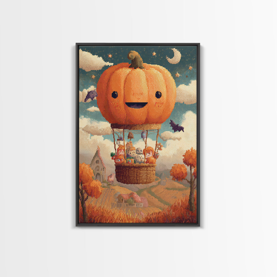 The Pumpkin Hot-Air Balloon, Pixel Halloween Art, Vertical Wall Art, Canvas Print, Cute Halloween Wall Art